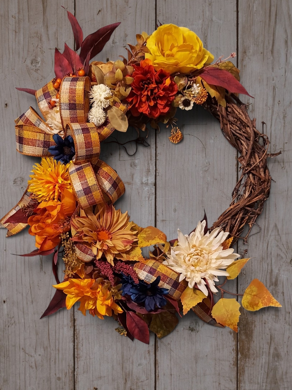 Hand Crafted Autumn Floral Grapevine Wreath - Yellow, Orange & Burgundy